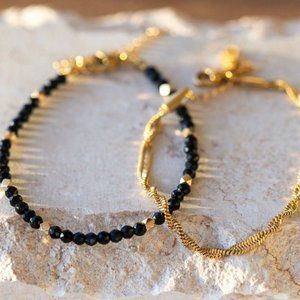 Bundle Bracelet Stack Black Spinel Beaded Bracelet & Gold Twist Chain Wave